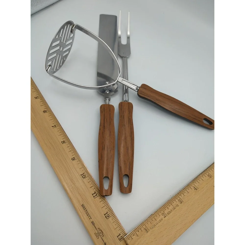 Vtg EKCO Stainless Cooking Utensils Woodgrain Faux Wood‎ Set of 3 Retro USA